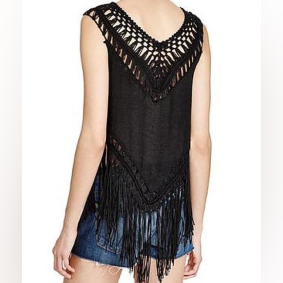 Tops - Open Crochet Knit Fringe Tank Top Cover Up Size Small Black Boho Festival Beach